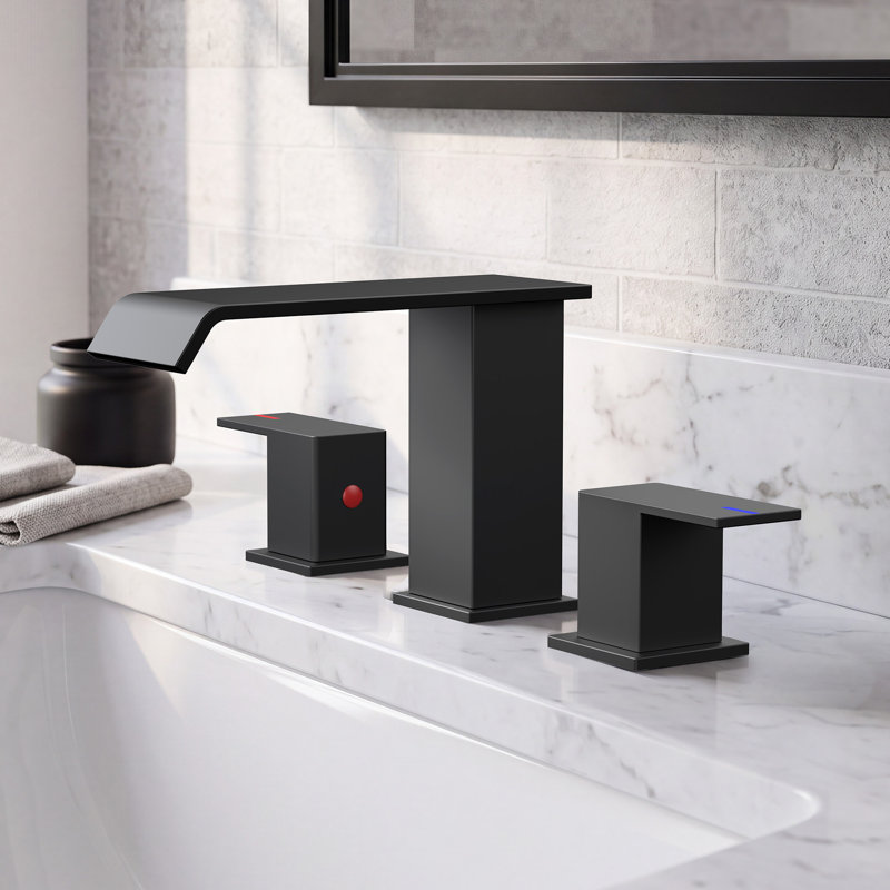 Waterfall Widespread Bathroom Faucet with Drain Assembly, Matte Black