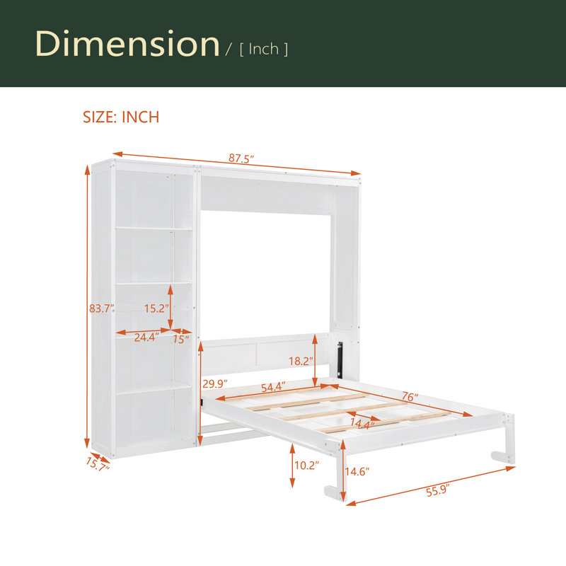 Lit escamotable double pleine grandeur avec tablettes, Blanc