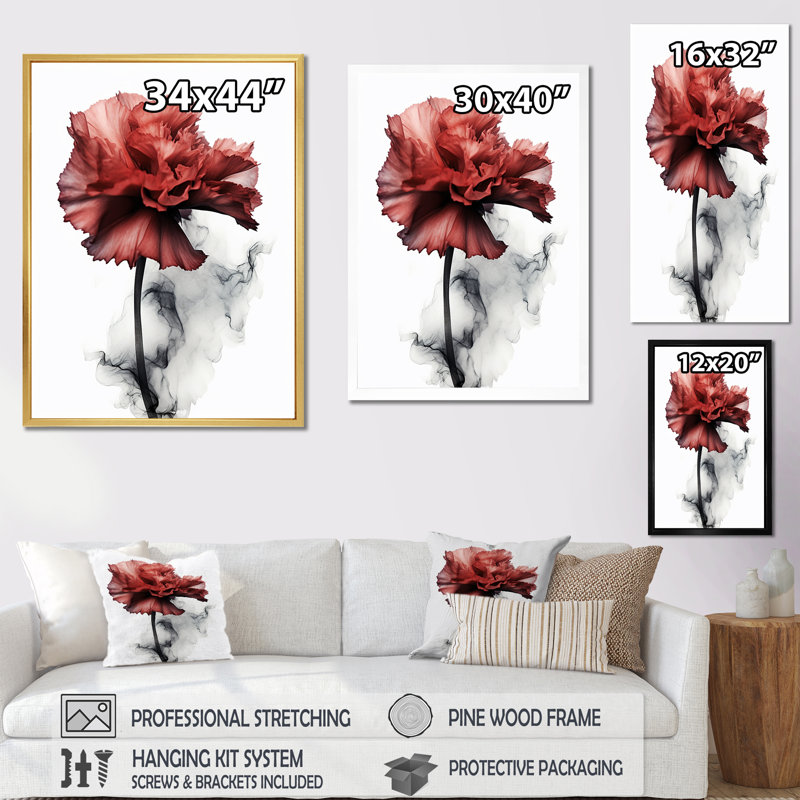 Décoration murale œillets rouges sur encre liquide monochrome - Œillets, H 32 po x l 24 po x P 1 po, Cadre photo doré simple