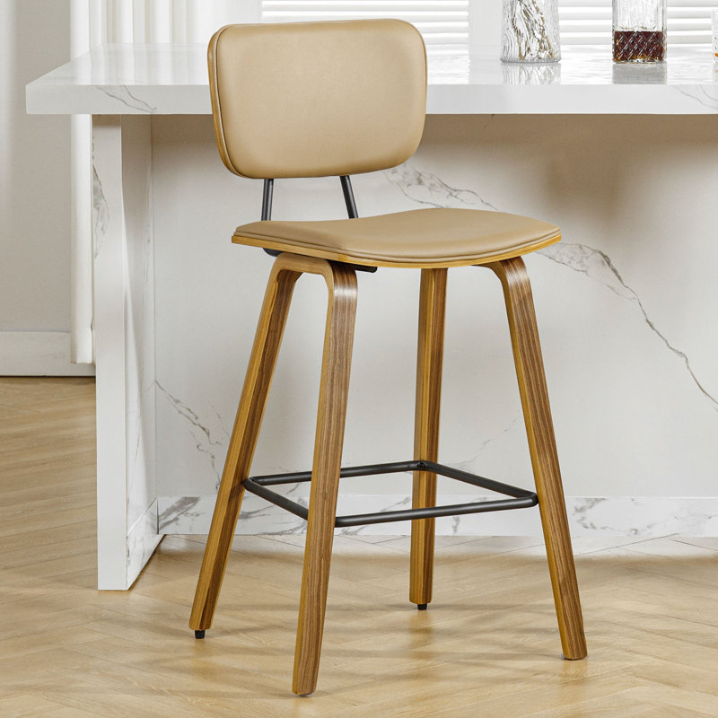 Brown PU Leather Upholstered Counter Stools with Bent Wood Legs, Set of 2