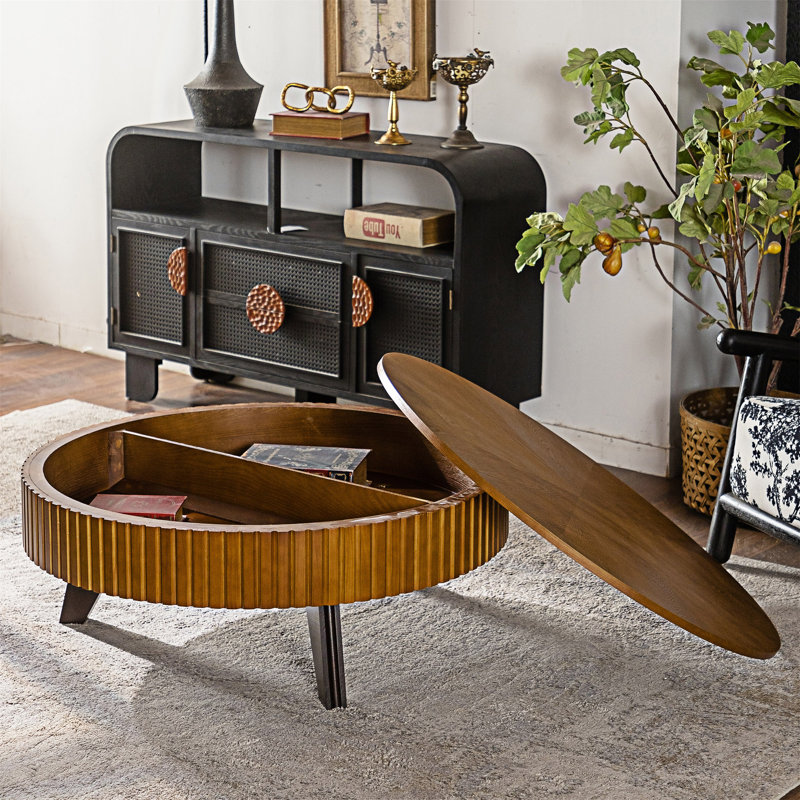 Table basse ronde avec rangement, 15.74' H x 39.41' L x 39.41' W, Naturel, Noir