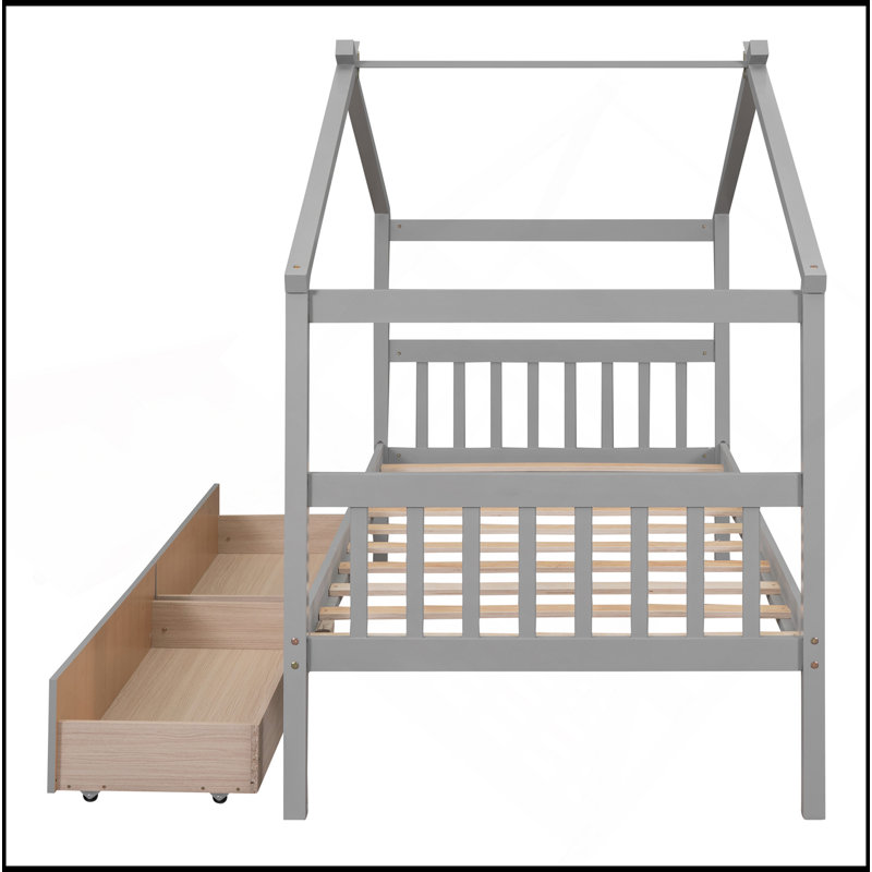 Wooden House Bed With Drawers, Gray