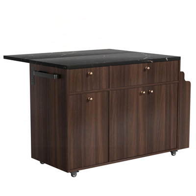 Rolling Kitchen Island Cart with Drop-Leaf Extension, Black Marble-Look Top & Spice Rack