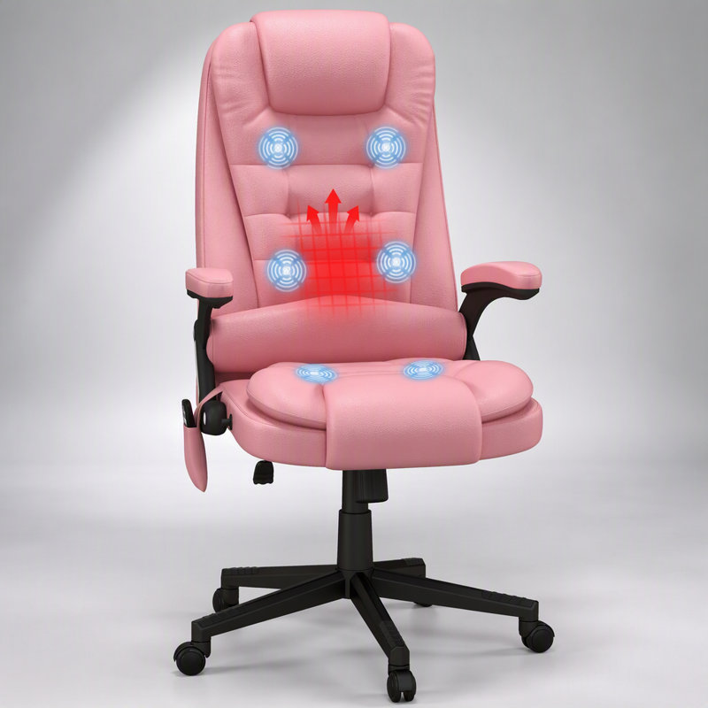 Fauteuil de bureau massant à dossier haut et vibrations, 6 points de vibration, revêtement en similicuir chauffant et inclinable, accoudoirs et télécommande, rose
