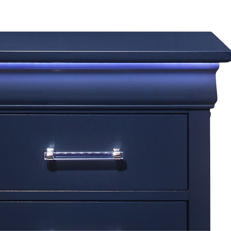 Table de chevet bleue avec éclairage DEL - intérieur spacieux, bois massif spacieux, détails métalliques