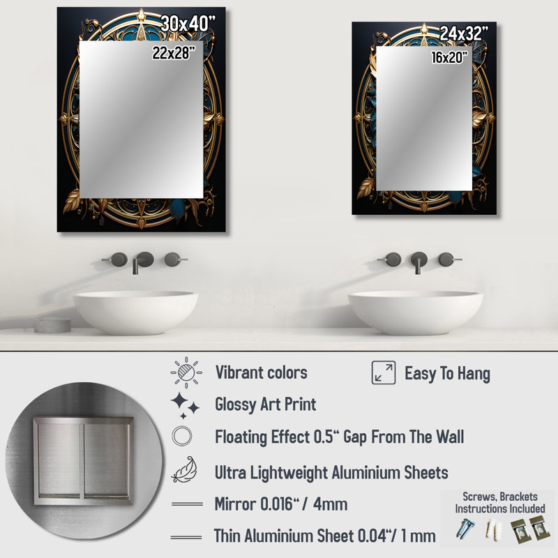 Or et bleu sarcelle fleurs 3D ancien sceau II - Botanicals unique miroir décoratif mural, grand miroir moderne, art imprimé en métal