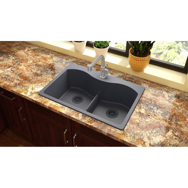 Quartz Classic 33" x 22" x 9-1/2" Double Basin Drop-in Kitchen Sink with Mounting Hardware, Dusk Gray