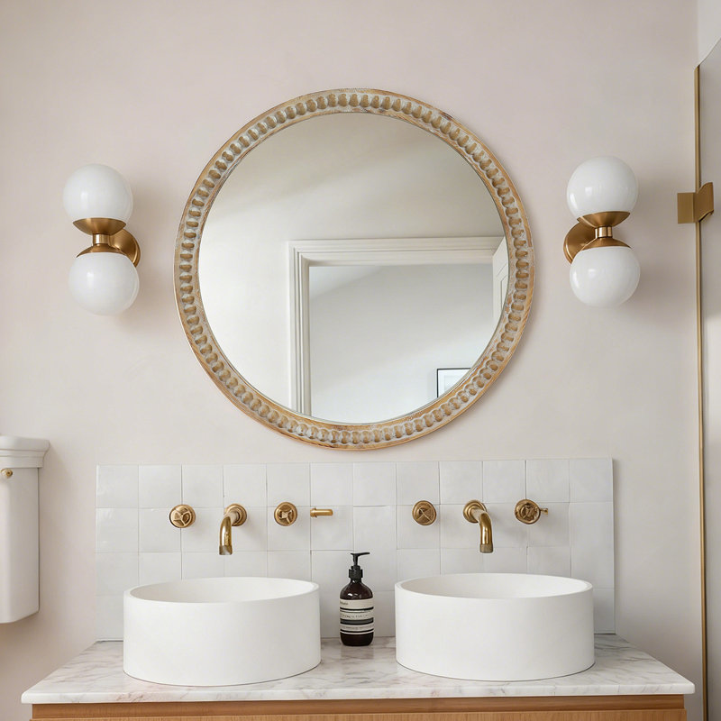 Miroir mural rond rond, miroir à cadre perlé en bois vieilli 27,5 po pour hall d'entrée, salon, salle de bain, miroir décoratif de style maison de campagne