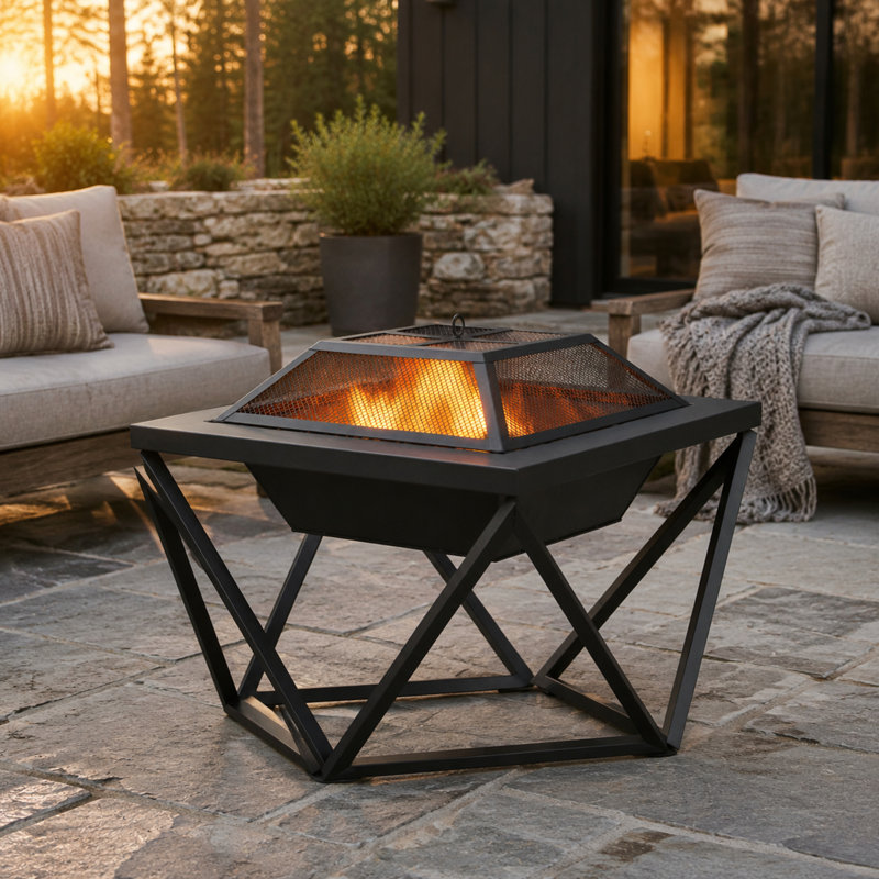 Teamson 60cm Wood Burning Fire Pit with Spark Screen, Fire Poker, Cooking Grate, Square Steel Fire Bowl for Patio & Garden