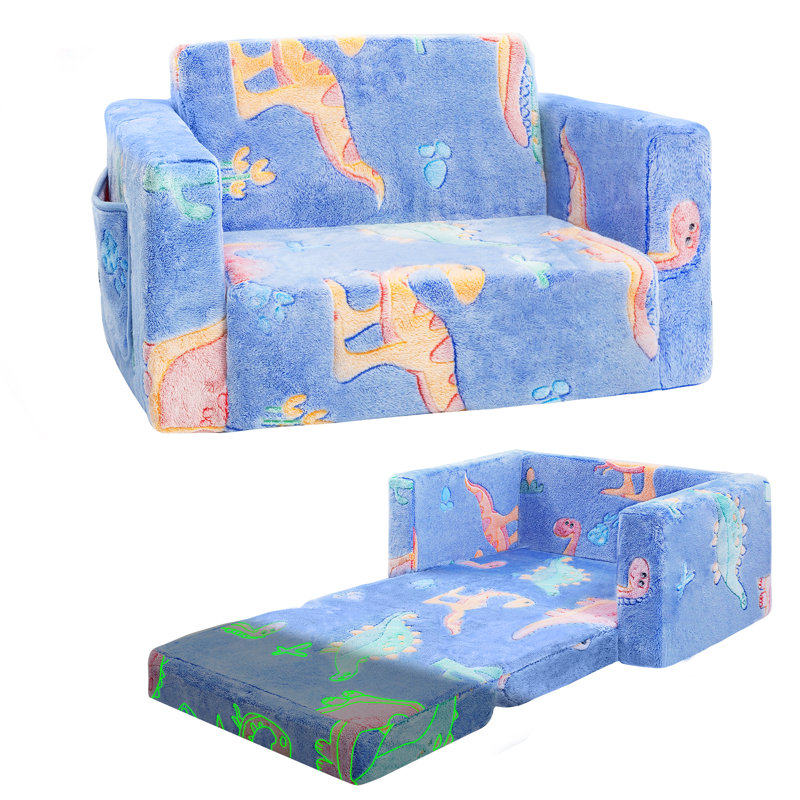 Amilee Kids Couch Sofa, Folding Toddler Couch, Blue Dinosaur, 16" H x 23.6" W x 17" D