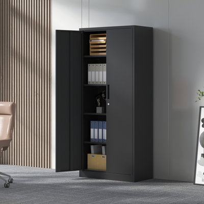 Armoire de rangement en métal 72 po H, armoire verrouillable en acier à outils noir avec portes et 4 tablettes, grands classeurs pour systèmes de rangement de garage, classeur verrouillable pour bureau personnel, salle de classe / garde-manger