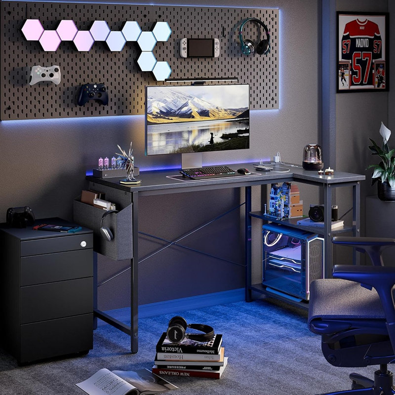Small Computer Desk With Power Outlets, 40 Inch L Shaped Desk With Reversible Shelves