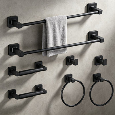 Ensemble de quincaillerie de salle de bain 8 pièces noir mat - Ensemble de porte-serviettes mural en acier inoxydable avec anneau à serviette, crochets à peignoir, porte-papier hygiénique - Accessoires de salle de bain durables et antirouille