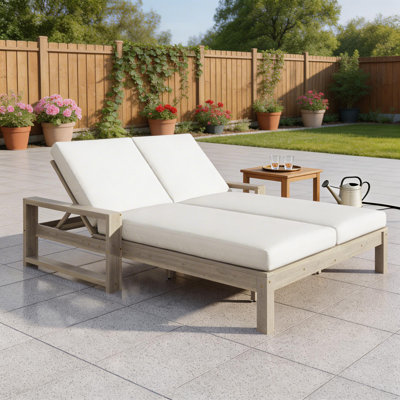Double chaise longue d'extérieur avec dossiers réglables à 5 positions, chaise longue de patio en bois avec coussins amovibles pour la piscine, le jardin et le patio (gris et beige)