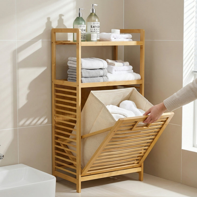 Laundry Hamper with 2-Tier Shelves & Tilt-Out Basket, Bamboo Laundry Storage Organizer for Bathroom Bedroom Laundry Room Nursery, Natural