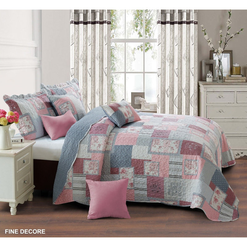 Printed Bedspread Set Dmask Pattern with Matching Pillow Shams, Soft Microfiber Coverlet, Lightweight & All-Season Bedding