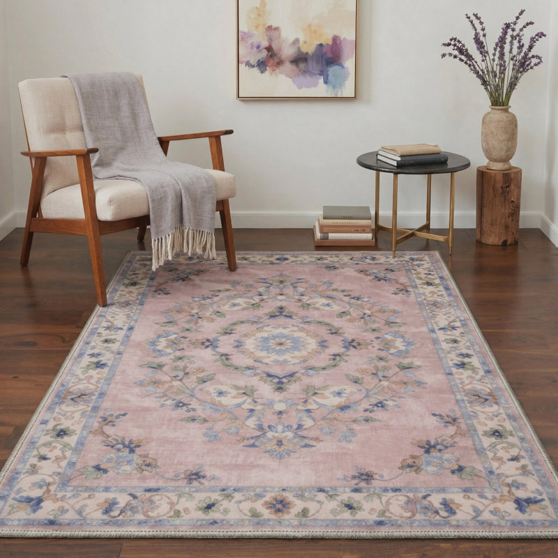 Wildomar Floral Machine Washable Pink / Blue / Beige Indoor Area Rug with Non-Slip Backing, Rectangle 6' x 9'