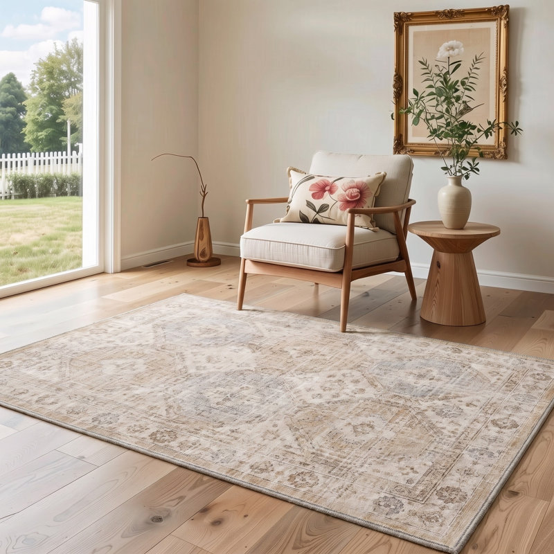 Tapis traditionnel oriental beige / ivoire à poils courts et antidérapant, Rectangle 9 pi x 12 pi