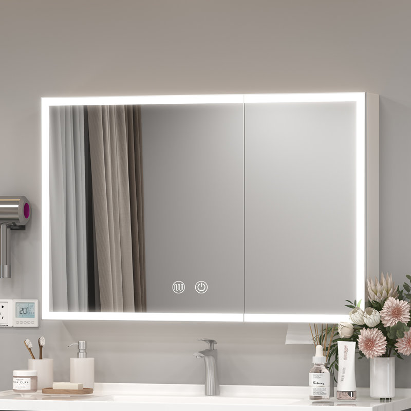 Armoires à pharmacie éclairées avec grande porte miroir et tablettes, désembueur, capteur tactile, gradateur, blanc, Blanc
