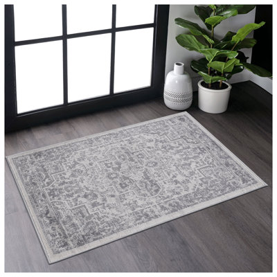 MARFI Silver Oriental Area Rug 5'x7' - Non-Shedding Machine Washable Vintage Runner for Living Room & Bedroom