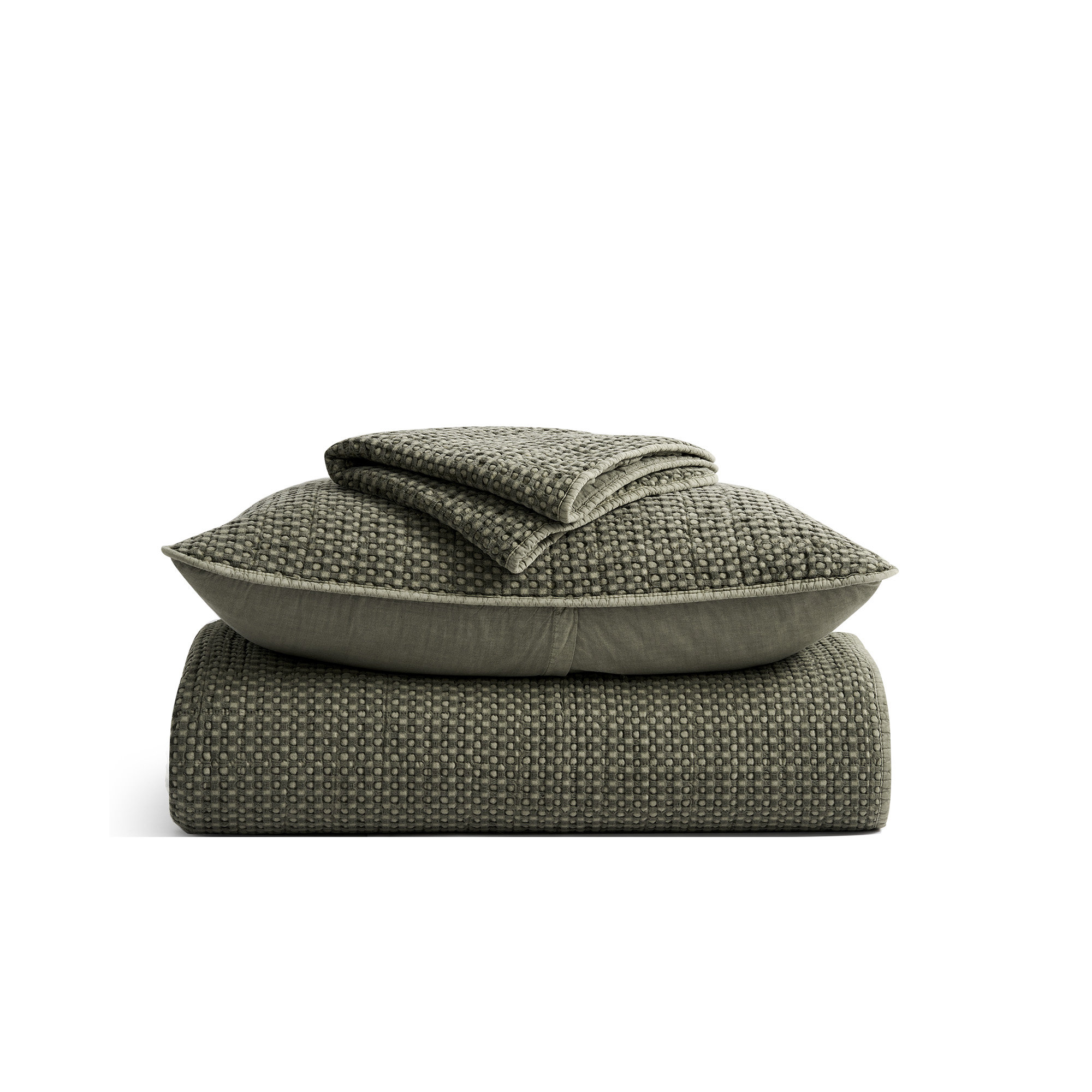 Stonewashed 100% Natural Cotton Waffle Quilt Set, Olive Green, Queen Quilt + 2 Standard Shams