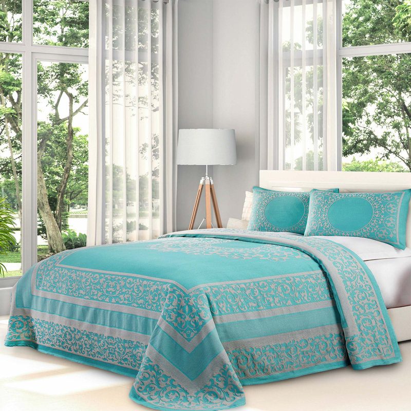 Aqua Twin Cotton Blend Jacquard Bedspread Set