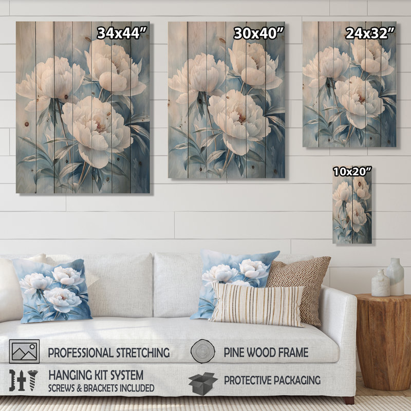 Pivoine givrée III - décoration murale en bois de pivoines - sur bois de pin naturel, H 44 po x l 34 po x P 0,78 po