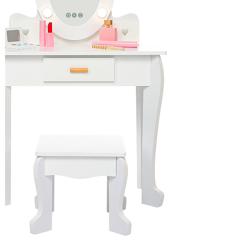 Kids Makeup Dressing Table With Lights & Wood Makeup Playset, White
