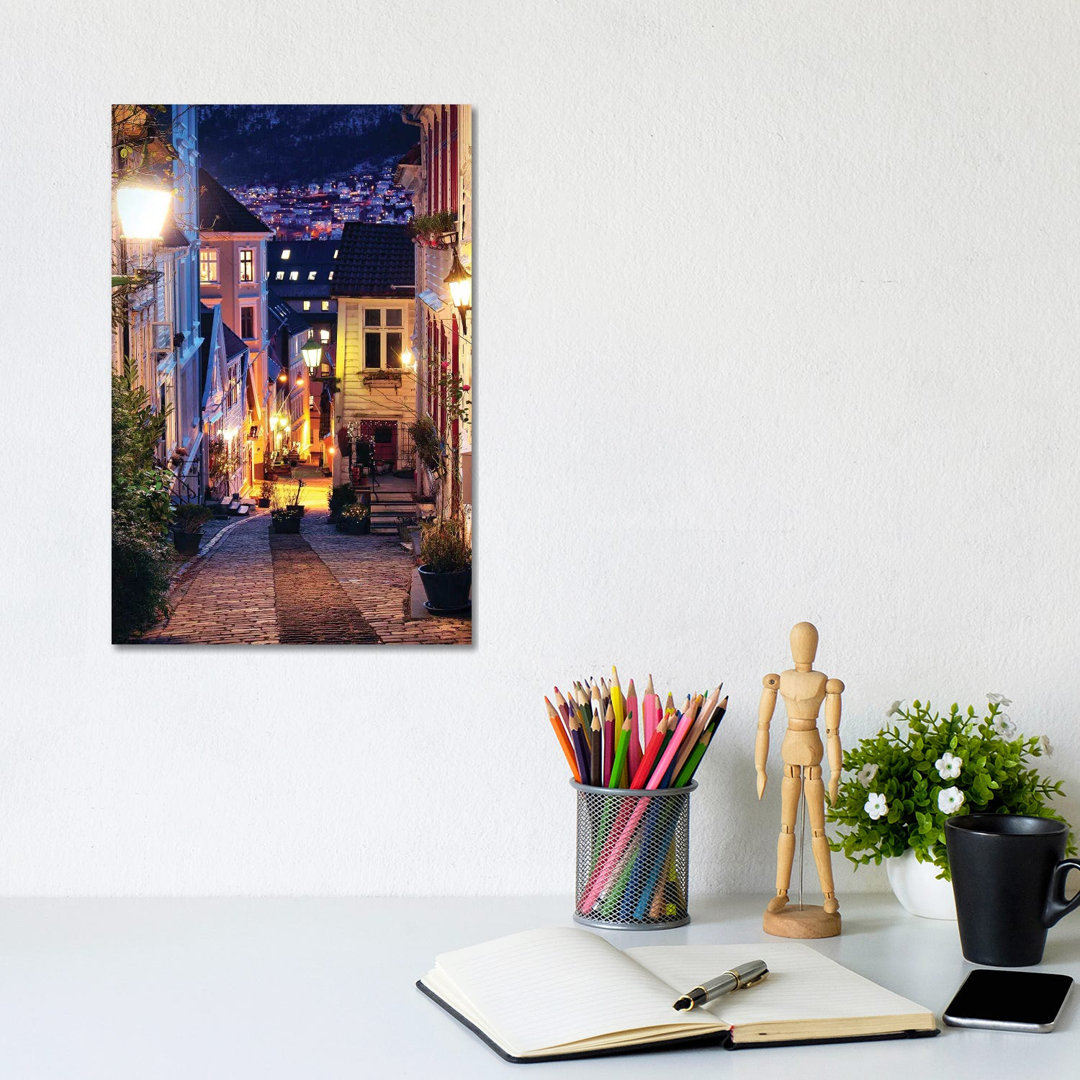 Bergen Cobblestone Street at Night by Florian Olbrechts - Wrapped Canvas Photograph