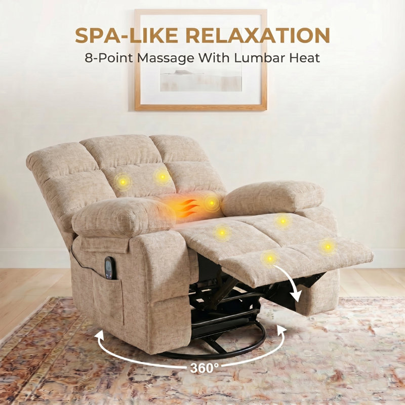 Oversized Massage Recliner Chair with Heating, Swivel Glider Rocker Chair, Beige