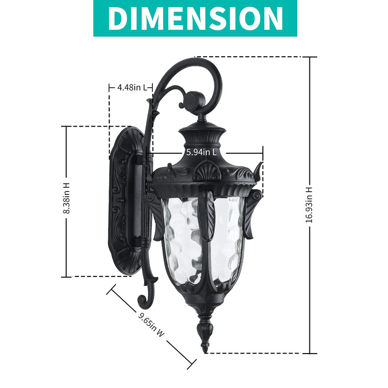 Outdoor Wall Light Fixtures Black 16.93”H Exterior Wall Lantern Waterproof Sconce Porch Lights Wall Mount With Hammered Glass Shade For House