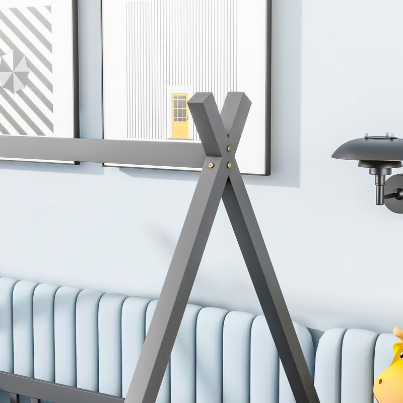 Lit simple au sol avec garde-corps gris, ajoutant de l'élégance aux garde-corps de chambre à coucher, finition grise