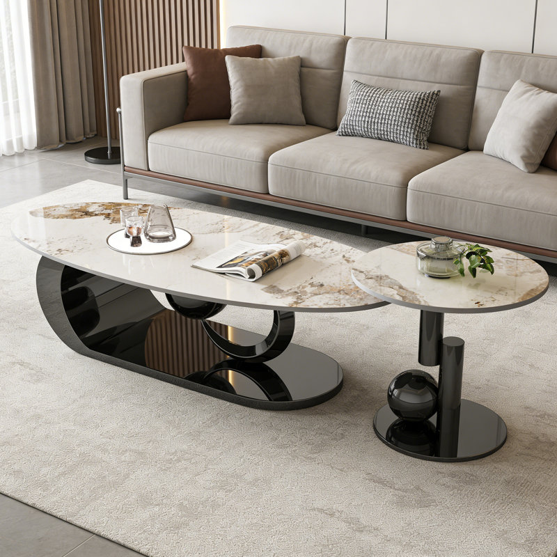 Ensemble de tables basses Modern, H 15,75 po x L 55,12 po x l 27,56 po, Blanc / Brun, Noir
