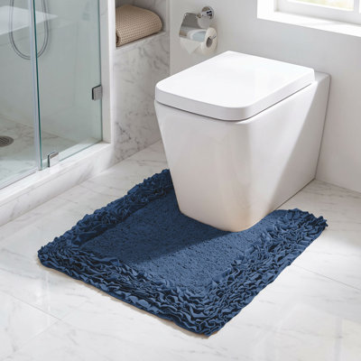 Cabeza 100% Cotton Tufted U-Shaped Contour Bath Rug, Soft Absorbent Toilet Mat with Non-Slip Spray Latex Backing, Decorative Ruffle Border, 20" x 20", Navy