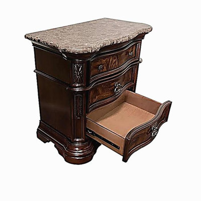Traditional Bedroom Nightstand with Faux Marble Top, Solid Wood 3-Drawer Nightstand Table, Walnut