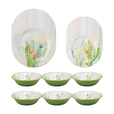 Cactus Garden 18 Piece Melamine Dinnerware Set Plate and Bowl Set - Service for 6