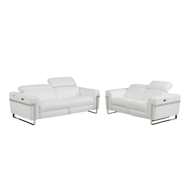 Ensemble de canapé et causeuse inclinable électrique en cuir italien Weems, Cuir véritable blanc