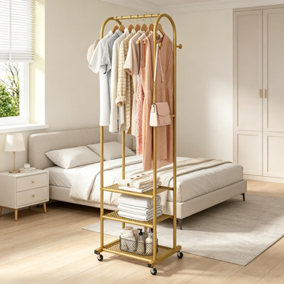 Heavy Duty Clothing Rack with Wheels, 71.8 Inches Garment Rack with 3 Metal Shelves, Display Rack for Hanging Clothes, Hanging Rod for Small Spaces, Gold