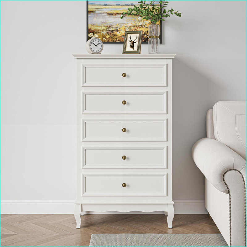 Commodes, commode blanche moderne à 5 tiroirs avec pieds en bois massif Vaste espace de rangement | Blanc | Bois