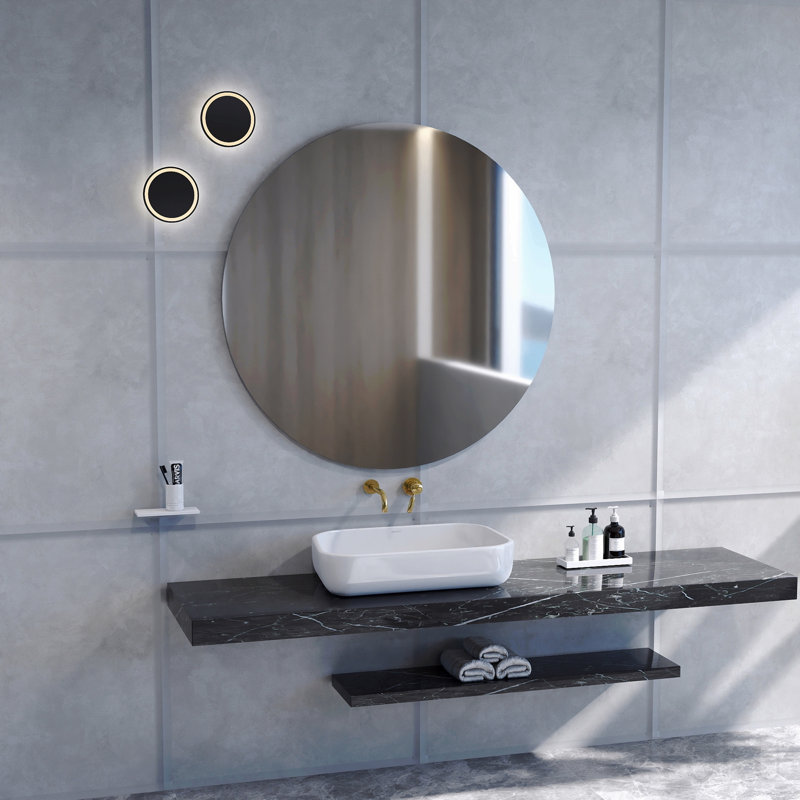 Miroir de salle de bain 70 cm, miroir rond, panneau blanc mat