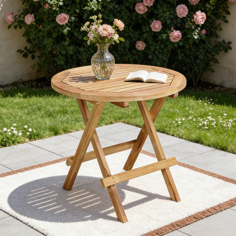 20'' Solid Teak Round Folding Side Table, Fully Assembled Indoor Outdoor Patio End Table for Balcony Small Space
