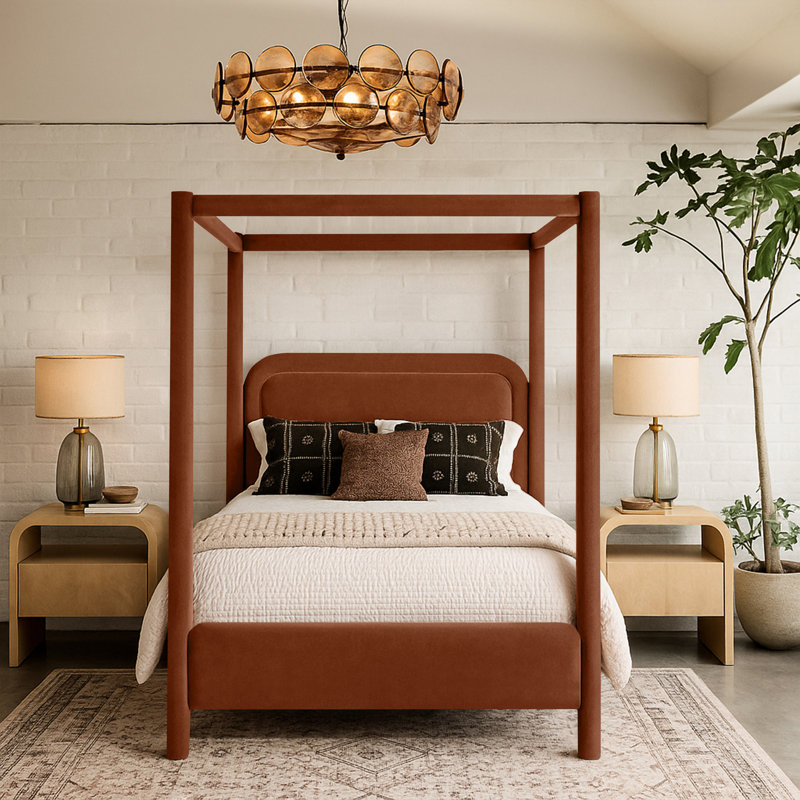 Salina Velvet Upholstered Bed, Queen, Cognac Velvet