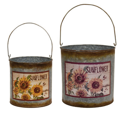 2/Set, Distressed Galvanized Sunflower Buckets