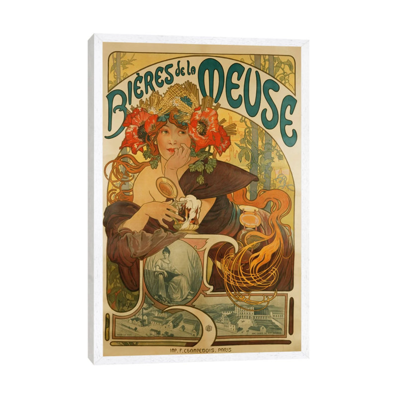 Bieres De La Meuse (Meuse Beer) Advertisement, 1897 by Alphonse Mucha - Print on Canvas, White Framed Canvas