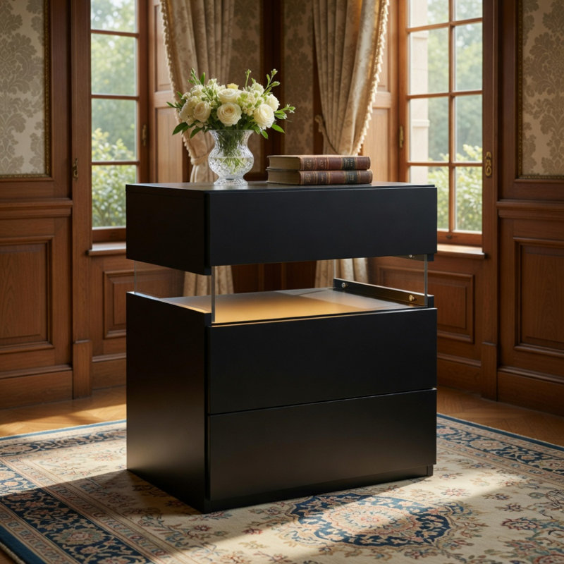 Commode 3 tiroirs à DEL pour tables de bout avec tables en acrylique et tables de chevet à DEL (noir), Noir
