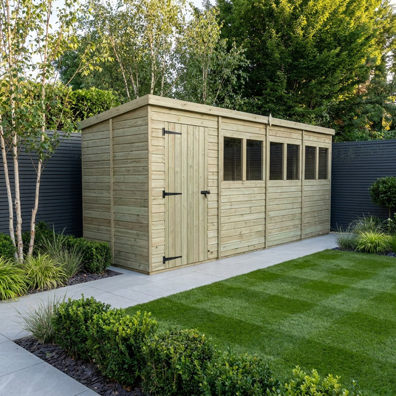 Total Sheds 16ft x 5ft Pent Garden Shed - Single Door - With Windows - Pressure Treated Timber - UK Manufactured