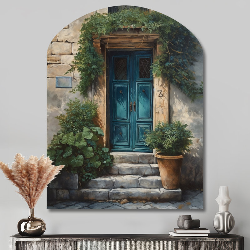 Bleu et beige, «Nature's Front Door Greeting II - Arch Farm Door», art mural floral en métal, sculpture murale asymétrique en métal