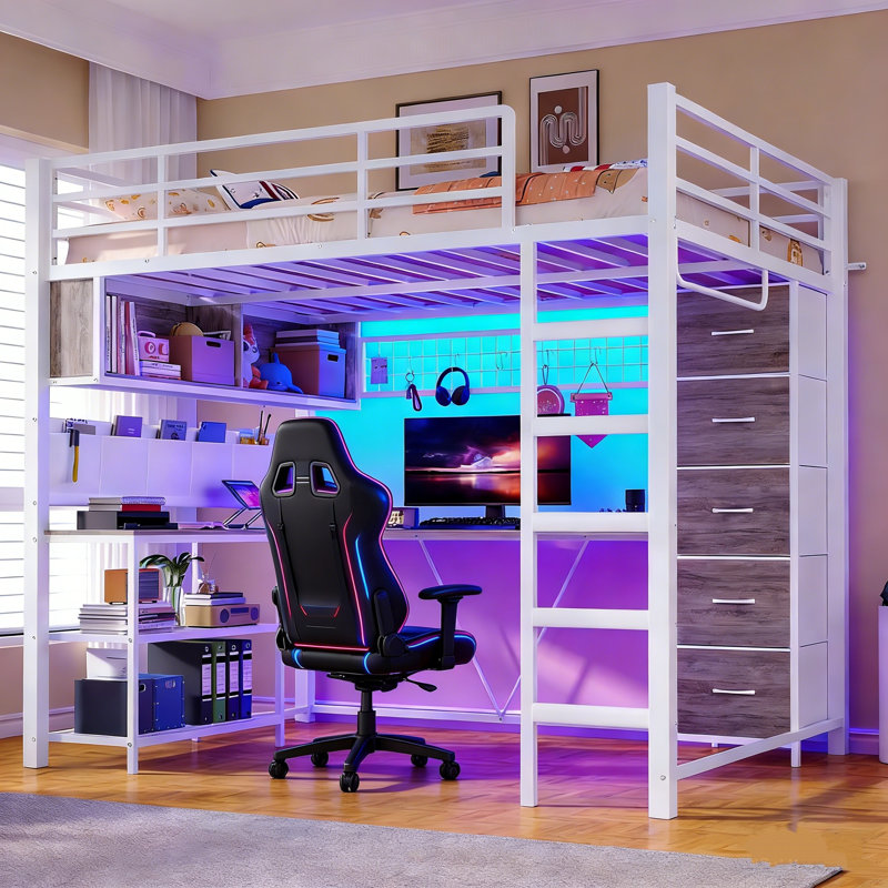 Lit mezzanine double avec bureau en forme de L et 5 tiroirs - Lit mezzanine peu encombrant avec lumières DEL, station de charge, tablettes, tringle à vêtements pour bureau personnel, chambre de dortoir, blanc