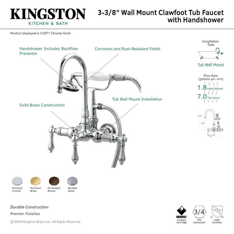 Robinet de baignoire mural à 3 poignées et 2 pattes avec douche à main Kingston Kingston, Laiton poli