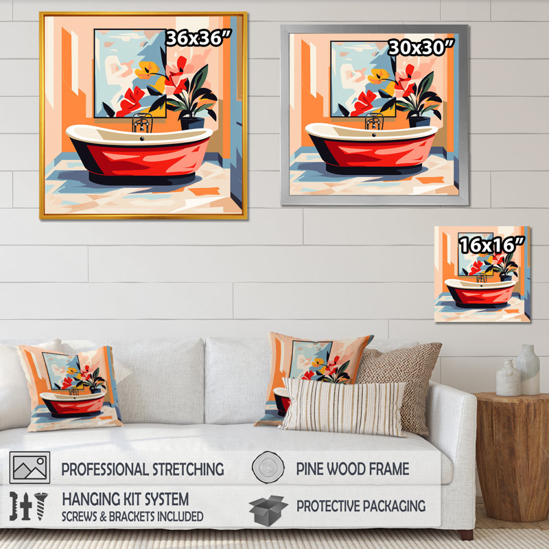 Orange et rose, salle de bain florale Serenity III - Art mural de salle de bain, H 36 po x l 36 po x P 1,5 po